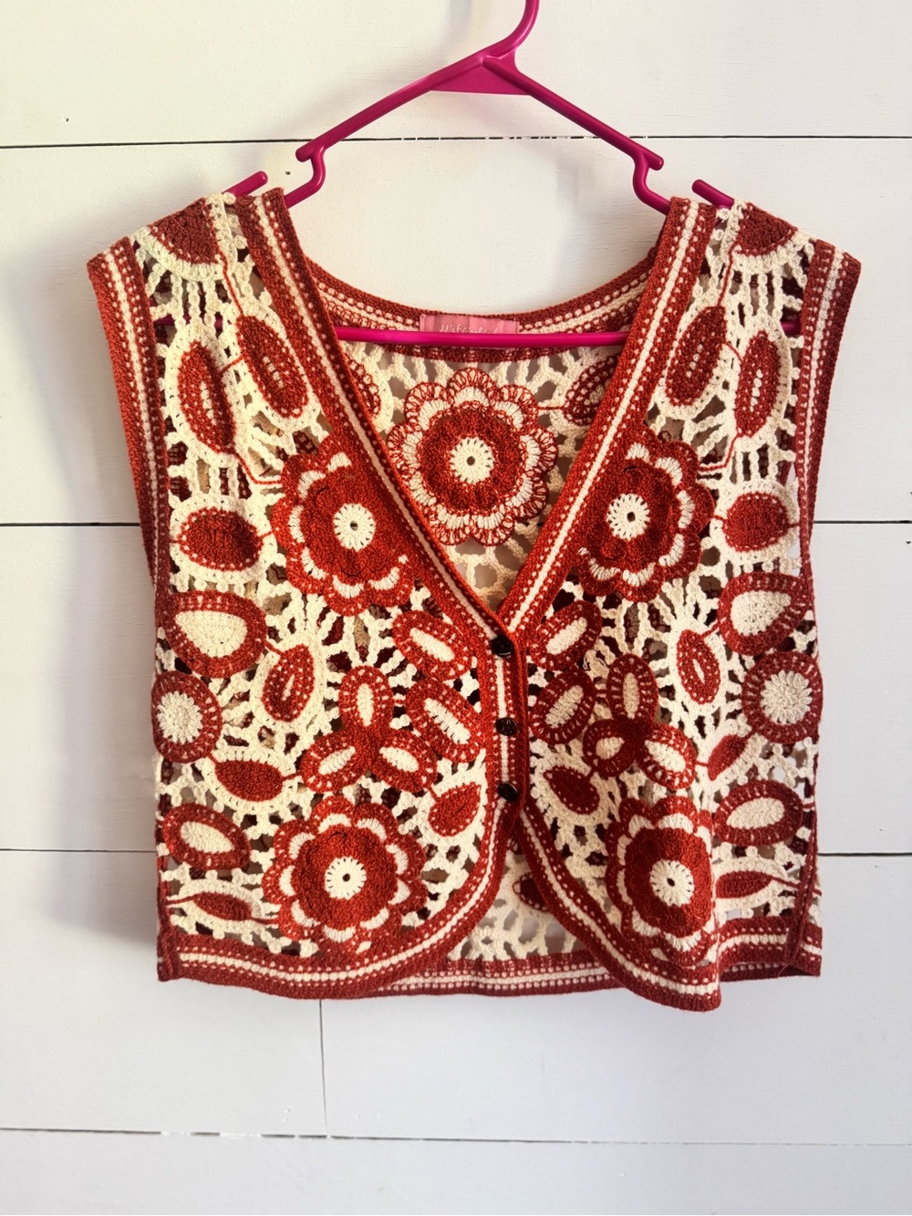 Crochet Floral Vest in Rust and Cream